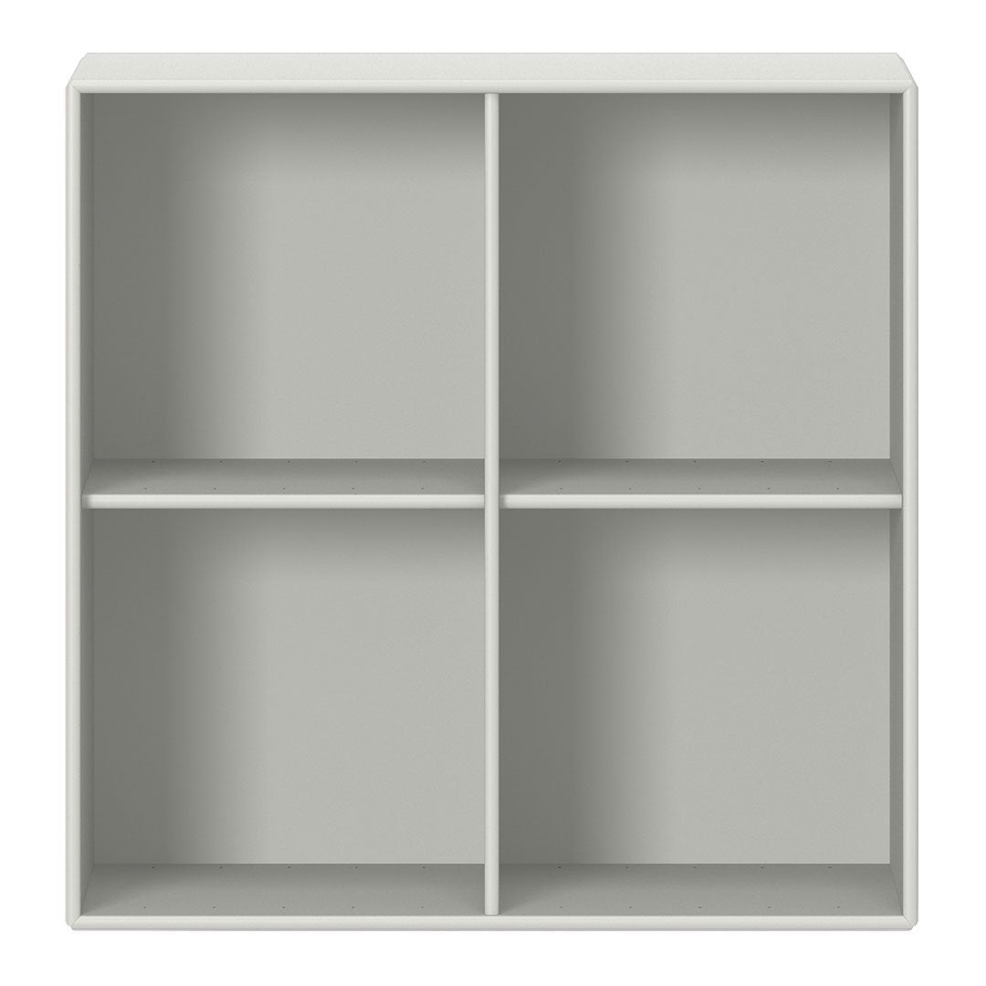 Light gray square storage shelf with four open compartments and a smooth, matte finish. Ideal for modern decor.