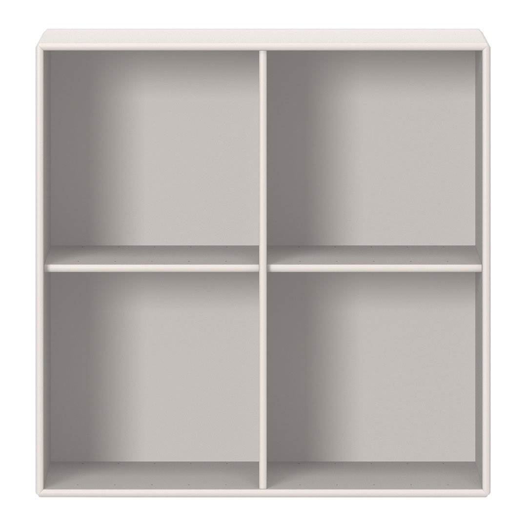 Light gray four-square shelving unit with a smooth, matte finish. Ideal for modern and minimalistic decor.