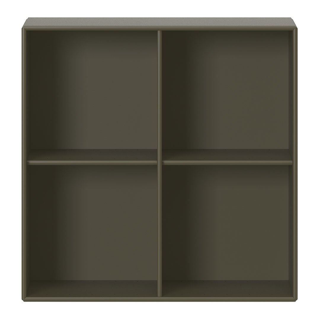 Dark olive green cubed shelf with four compartments, featuring a minimalist design and smooth texture.