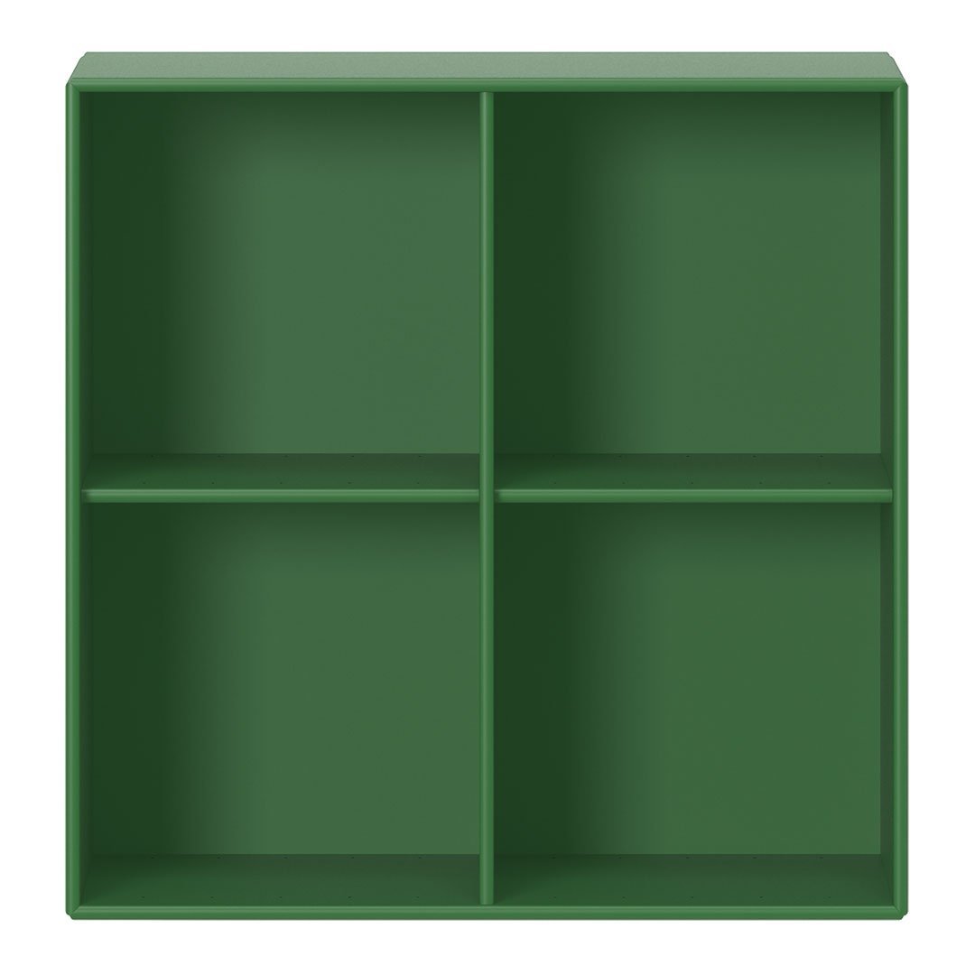 Green four-cube shelf with a smooth matte finish and modern design, perfect for stylish organizing.