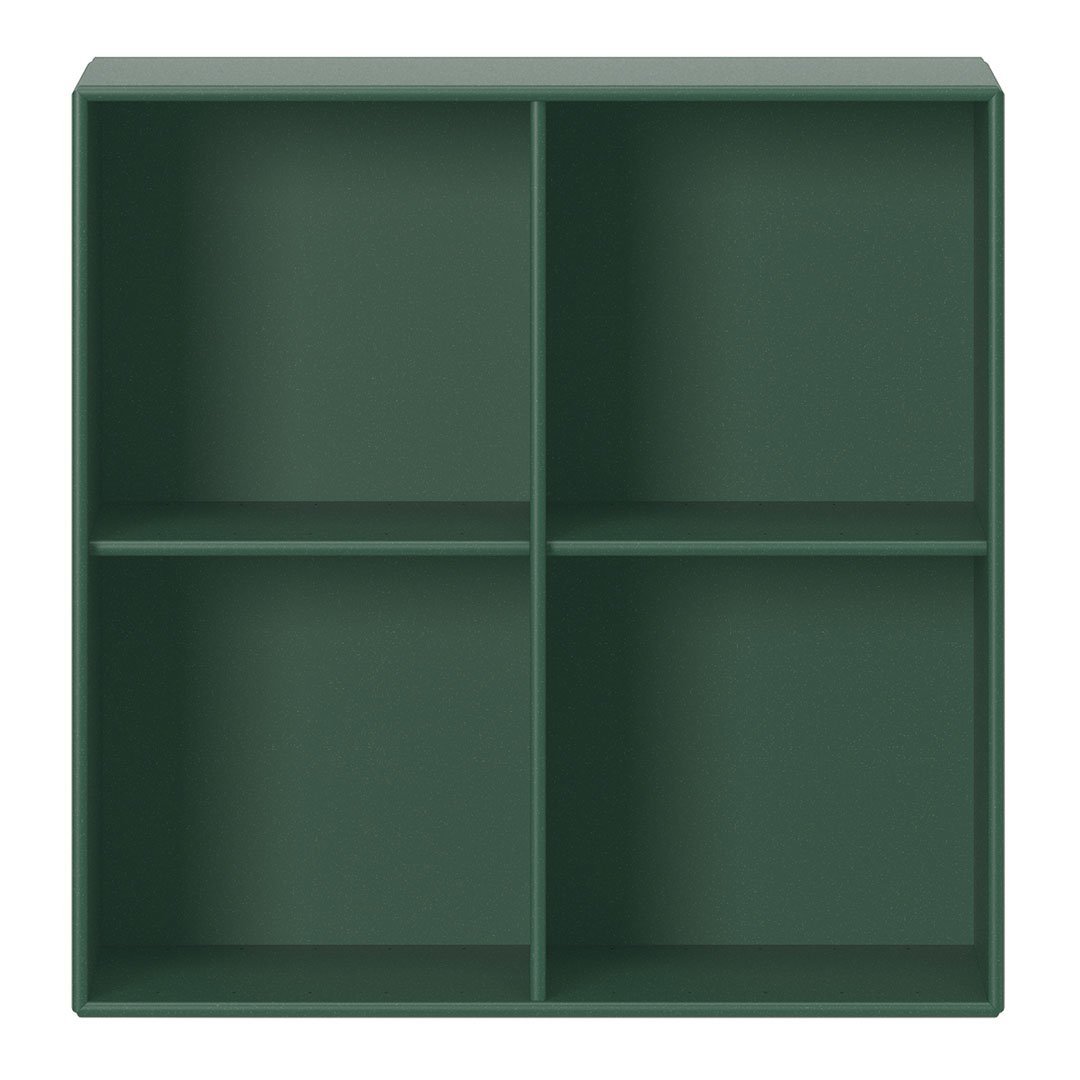 Green four-compartment shelf with a smooth matte finish, perfect for stylish organization and display.
