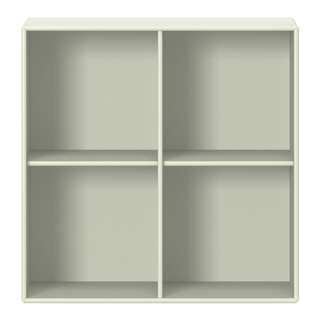 Light gray cube organizer with four open compartments, featuring a smooth, matte finish. Ideal for modern decor.