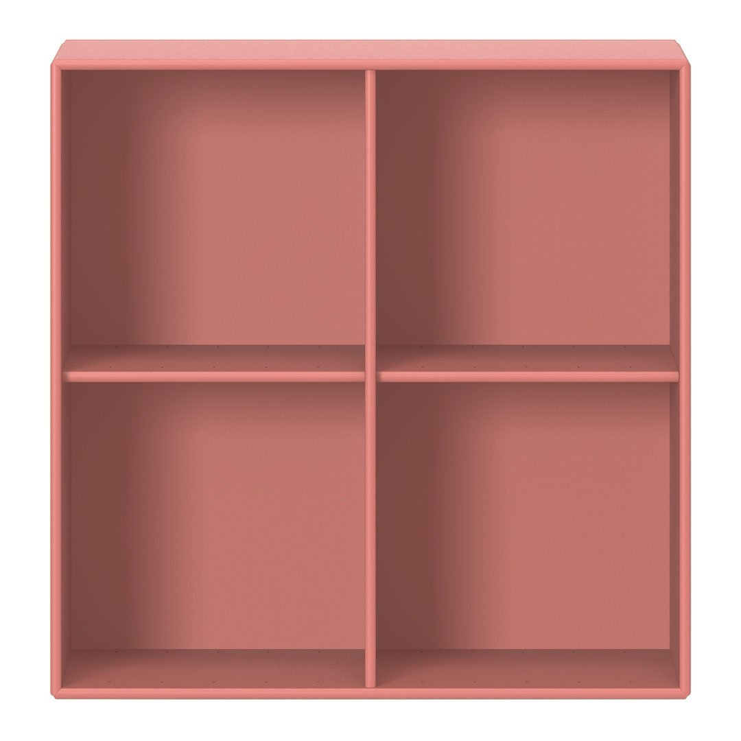 "Flat-shelf storage unit in soft terracotta color with a minimalist design and four open compartments."