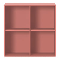 "Flat-shelf storage unit in soft terracotta color with a minimalist design and four open compartments."