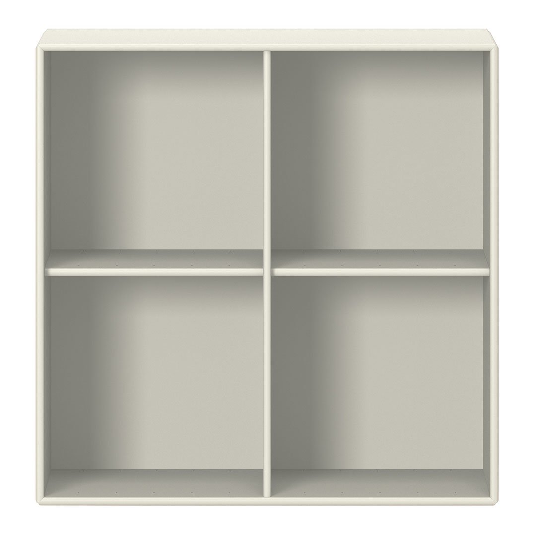 Light gray cube storage shelf with four compartments, featuring a minimalist design and smooth surface finish.