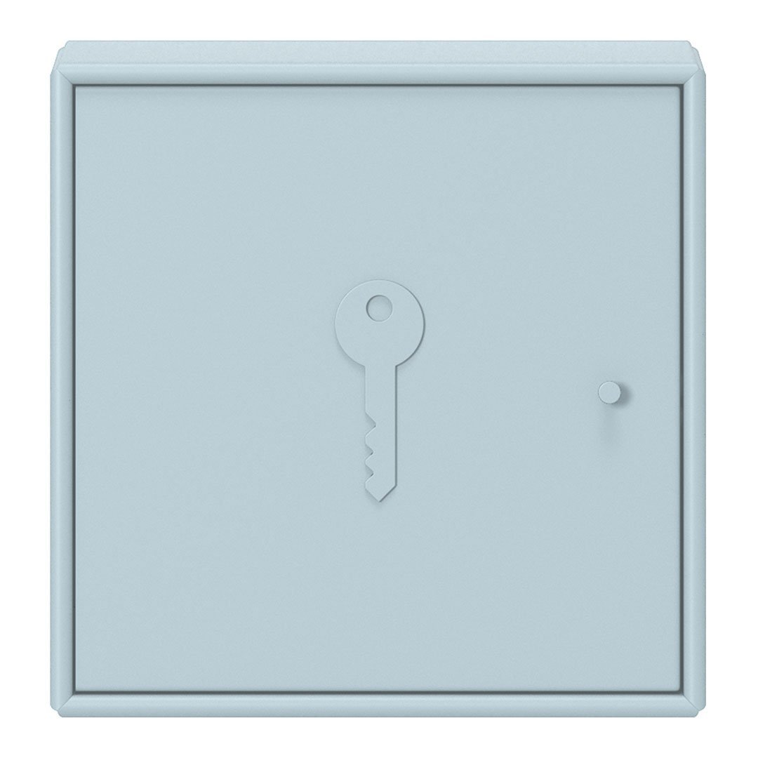 Light blue key storage box with a smooth texture and minimalist design, featuring a keyhole and button detail.