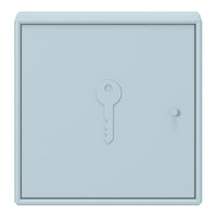 Light blue key storage box with a smooth texture and minimalist design, featuring a keyhole and button detail.