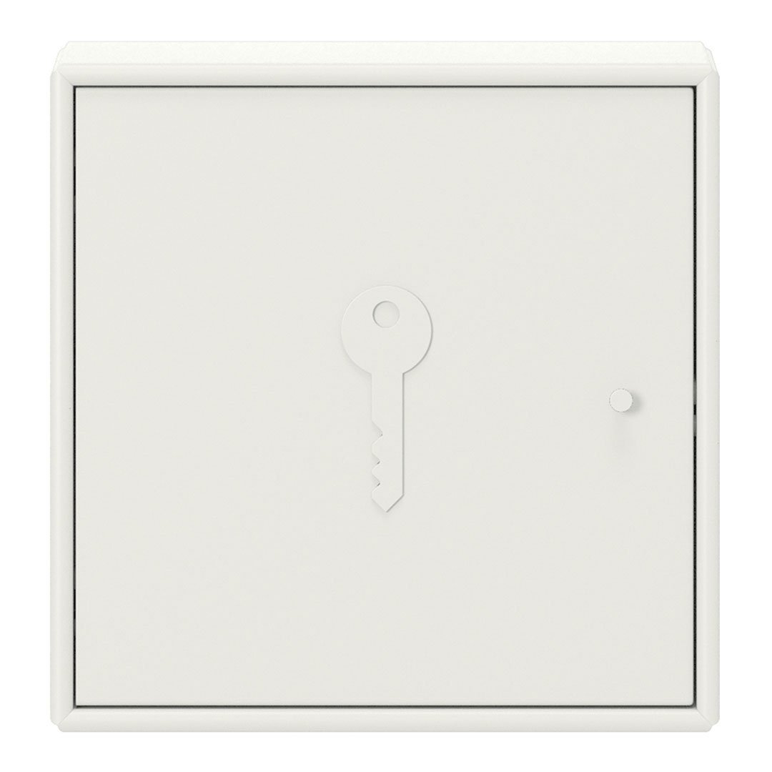 White key storage box with a minimalist design featuring a subtle key motif and smooth surface texture.