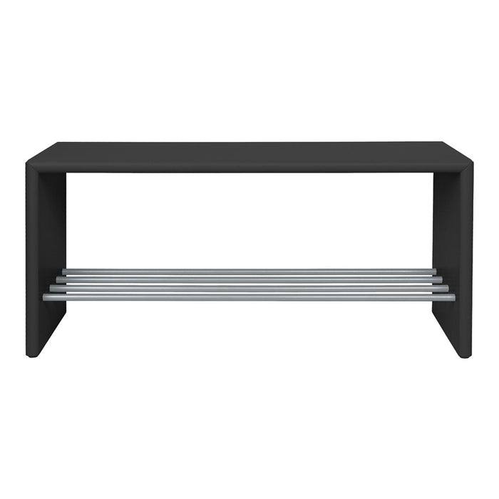 "Modern black bench with sleek silver metal bars, perfect for contemporary decor."