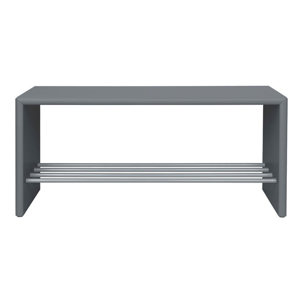 Gray modern bench with sleek design and silver metal accents. Minimalist style perfect for any decor.