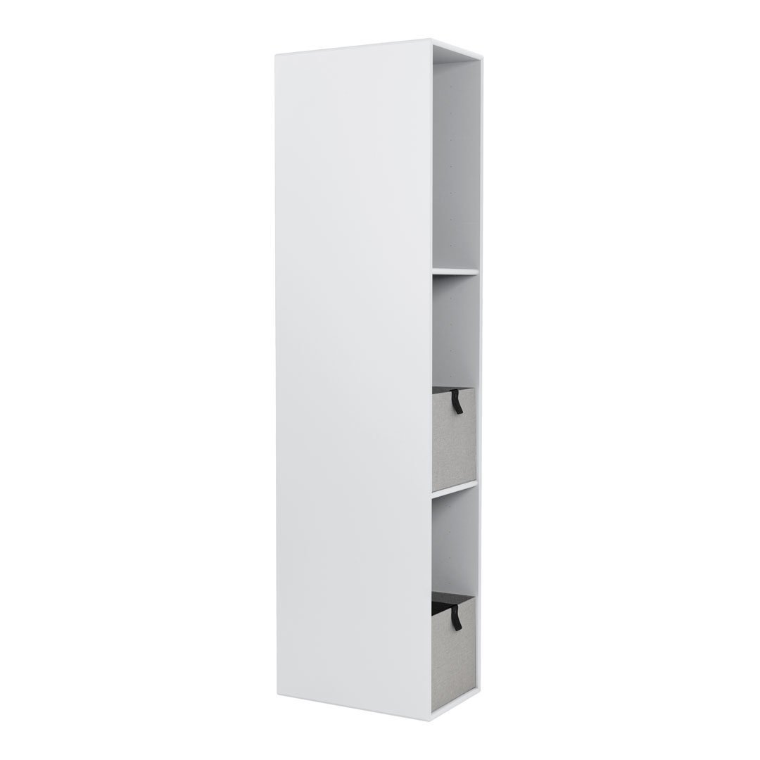 Tall white shelving unit with gray fabric bins for stylish storage and organization. Clean, modern design.