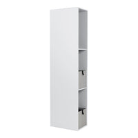 Tall white shelving unit with gray fabric bins for stylish storage and organization. Clean, modern design.