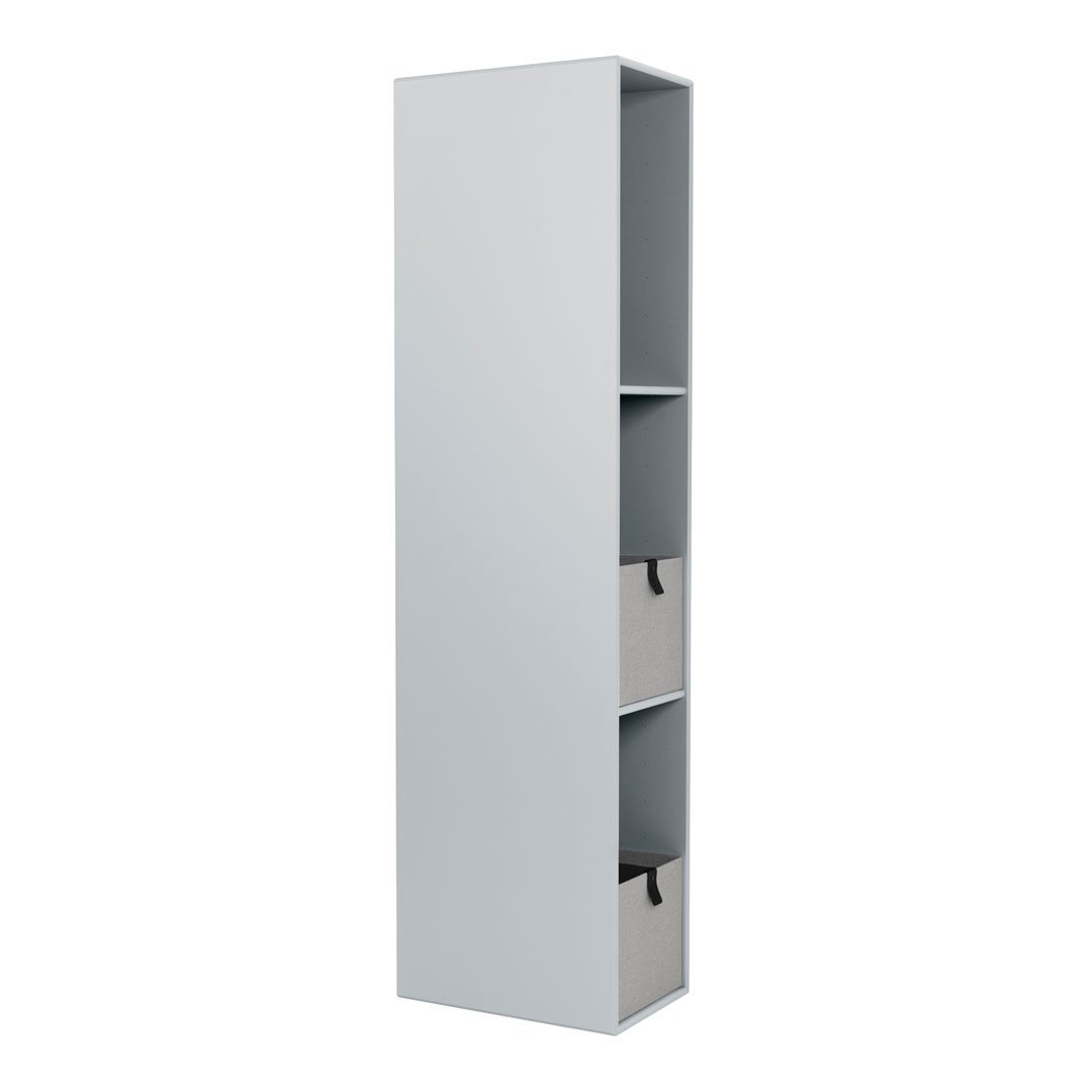 Tall, sleek white storage shelf with three open compartments and two gray fabric bins for organization.