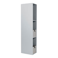 Tall, sleek white storage shelf with three open compartments and two gray fabric bins for organization.