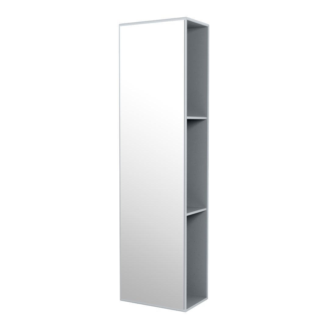 Tall, sleek white mirror with a smooth surface and three open shelves for modern decor and organization.