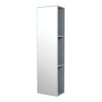 Tall, sleek white mirror with a smooth surface and three open shelves for modern decor and organization.