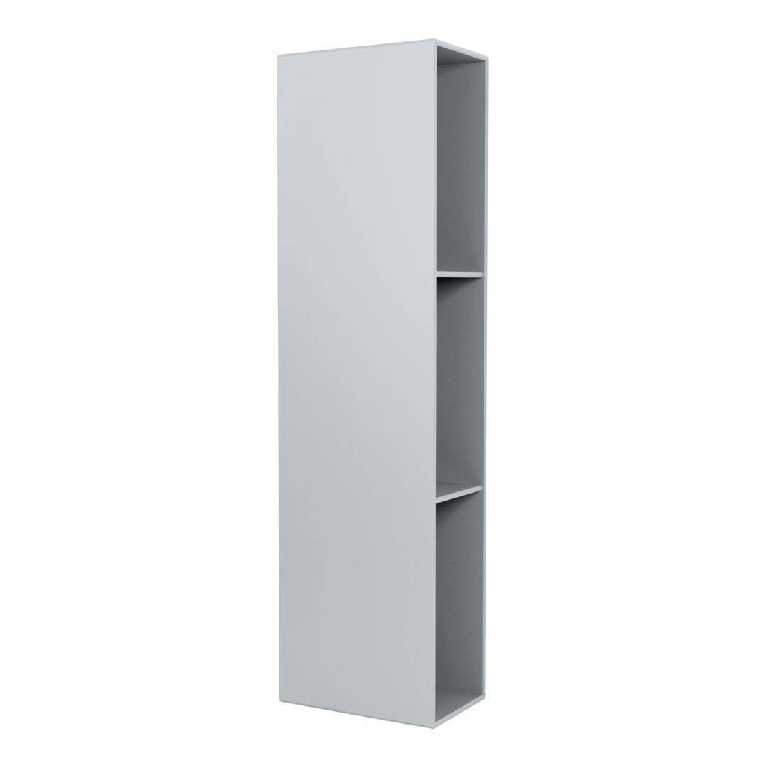 Sleek, tall bookshelf in a solid light gray finish with minimalistic design and no visible patterns.
