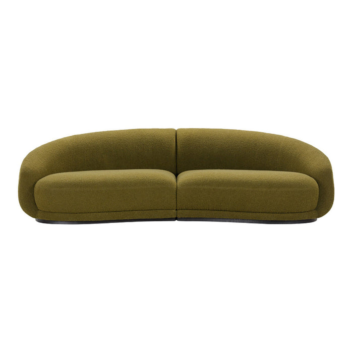 Olive green curved sofa with a smooth, modern upholstery design, perfect for contemporary living spaces.