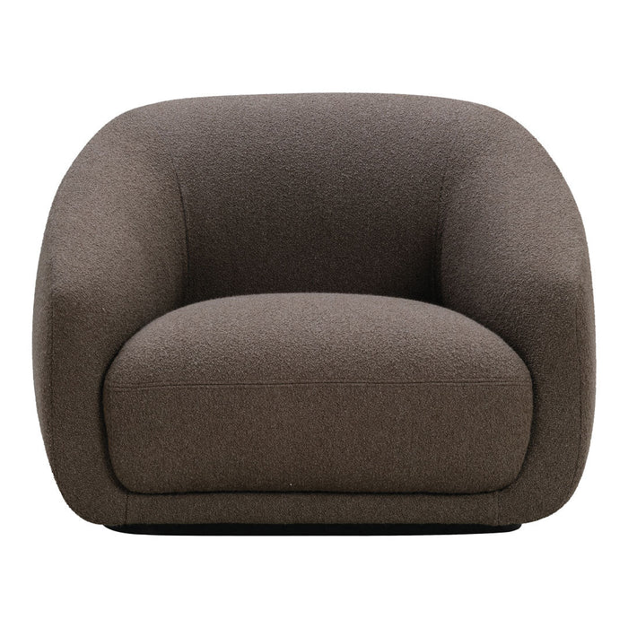 Brown upholstered armchair with a smooth, rounded shape and textured fabric. Ideal for contemporary living spaces.