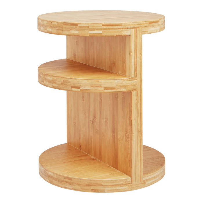 Natural bamboo side table with a smooth, light brown finish and minimalistic, open-concept design.