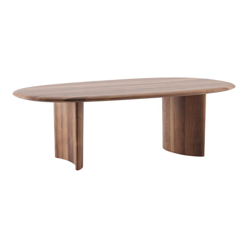 Oval wooden table in rich walnut finish with smooth grain pattern and sleek, modern design.