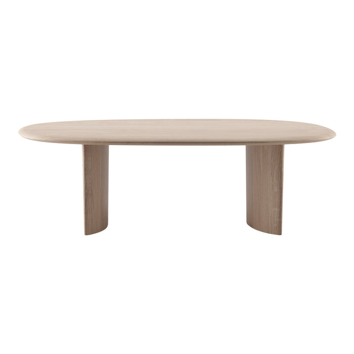 Light oak oval dining table with smooth, pale wood grain and minimalist design. Ideal for modern interiors.