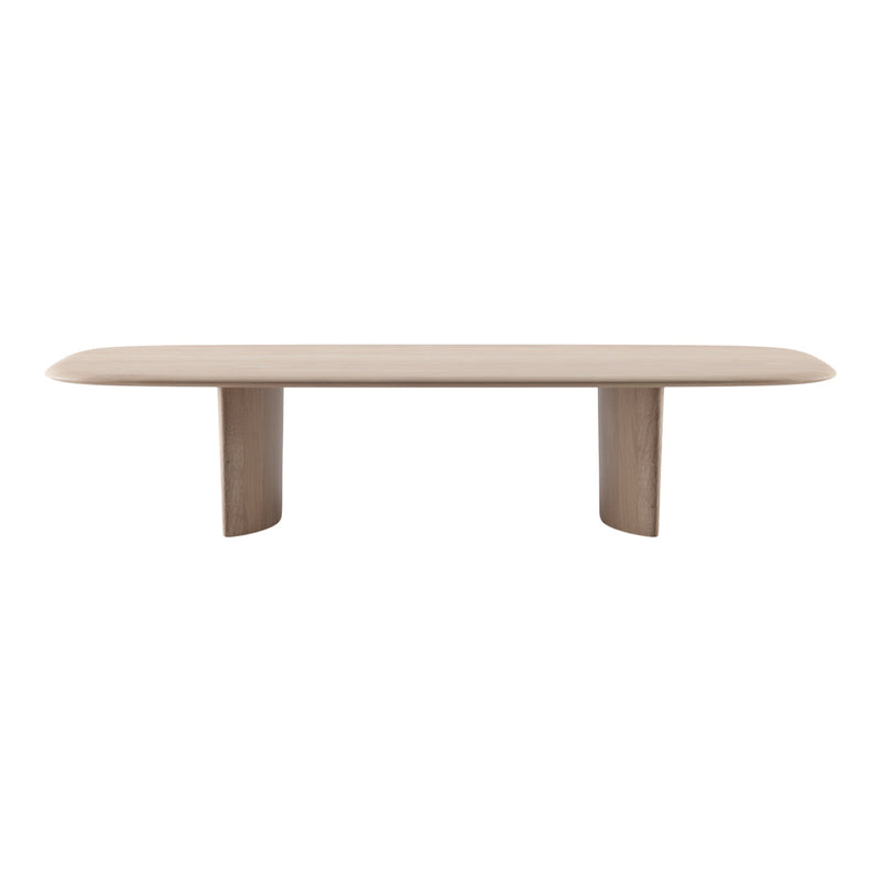 Light beige dining table with a smooth, oval top and rounded edges, complemented by solid wood legs.