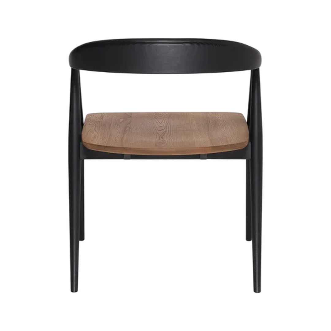 Black wooden chair with a sleek black frame and a contrasting light brown wooden seat.