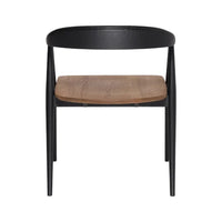 Black wooden chair with a sleek black frame and a contrasting light brown wooden seat.