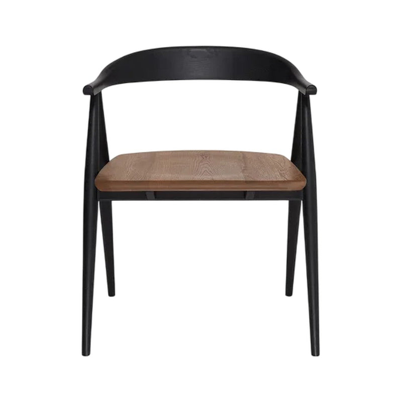 Black wooden chair with a natural wood grain seat, featuring simple, modern lines and a minimalist design.