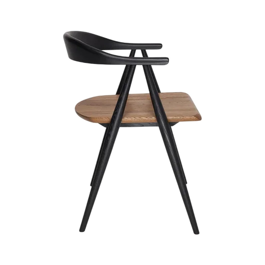 Modern black and natural wood accent chair with a sleek design and smooth curved lines.