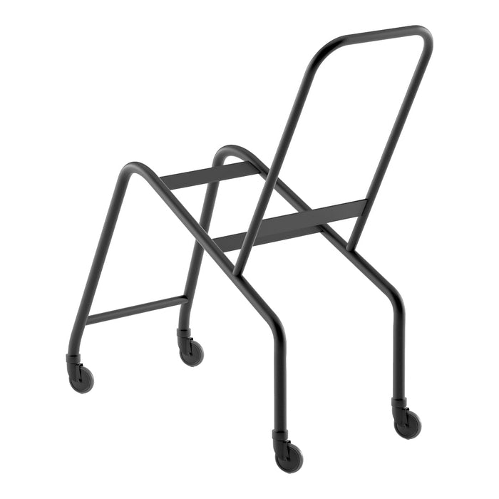 Black metal folding chair with a minimalist design and a smooth finish. Features four rolling wheels for easy movement.