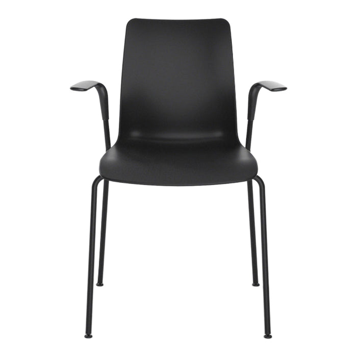 Sleek black chair with smooth surface and minimalist design, featuring matte finish and sturdy metal legs.