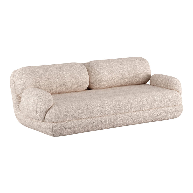 Beige textured sofa with soft curves and a minimalist design, perfect for modern interiors.
