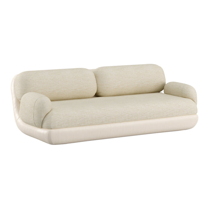 Beige textured fabric sofa with a smooth cream base, featuring rounded arms for a modern look.