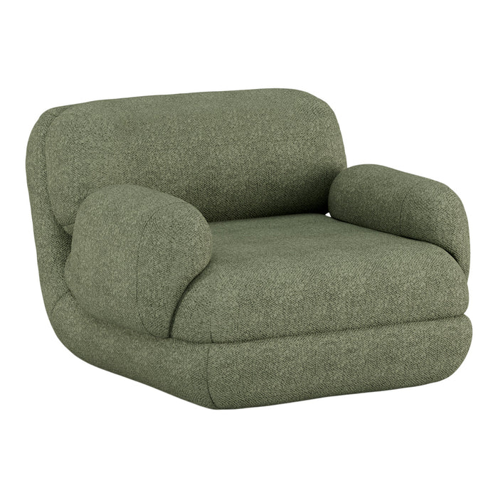 Green textured armchair with soft curves and a minimalist design, perfect for modern interiors.
