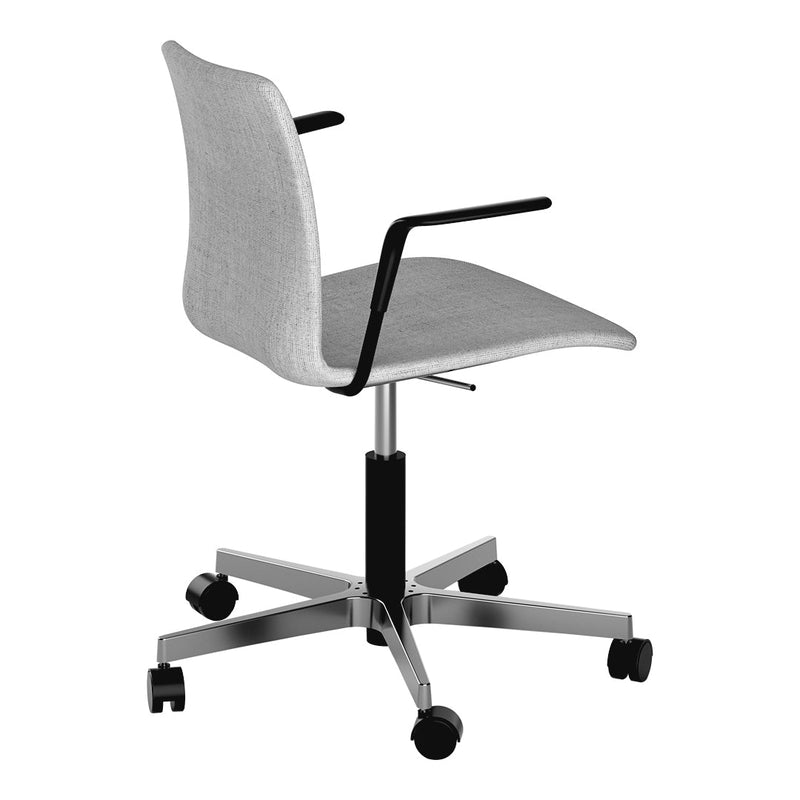 Light gray chair with a smooth fabric finish and black armrests, featuring a sleek metal base on rolling casters.
