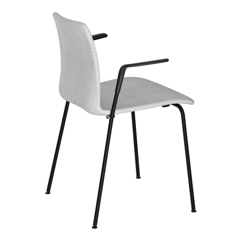 Gray upholstered chair with sleek black metal legs and minimalist design, suitable for modern interiors.