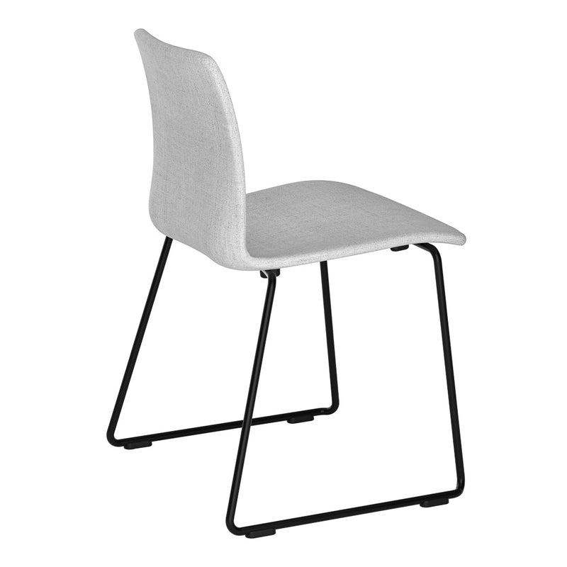 Light gray upholstered chair with a sleek black metal frame, featuring a smooth, minimalist design.