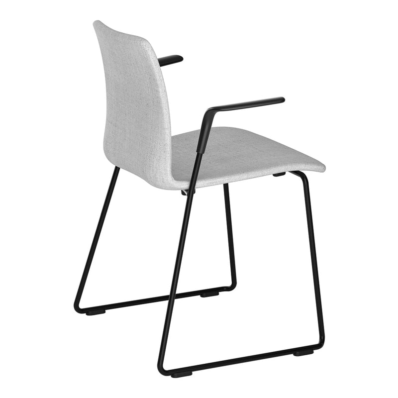 Stylish gray upholstered chair with sleek black metal frame, perfect for modern decor.