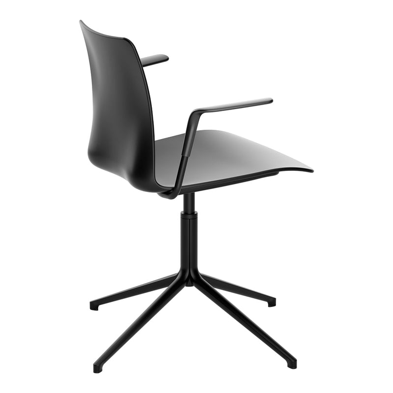Black ergonomic chair with smooth contours and a matte finish, featuring a sleek black base and minimalist design.
