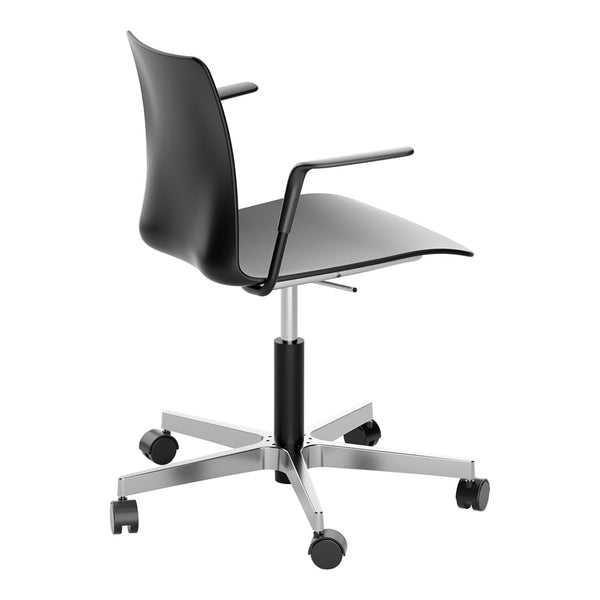 Black ergonomic chair with a sleek design, featuring a smooth finish and silver accents on a rolling base.