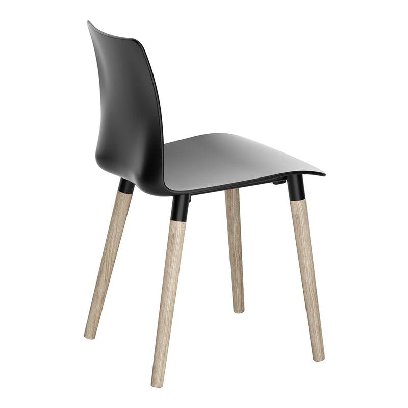 Black plastic chair with light wood legs, featuring a sleek, modern design and smooth surface. Perfect for minimalist decor.