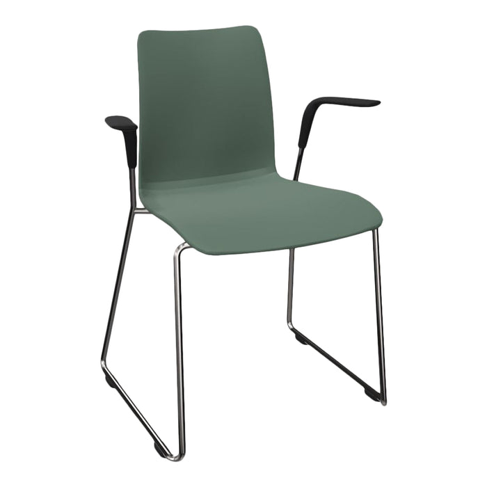 Green chair with a sleek design, featuring a smooth matte finish and chrome legs for a modern touch.