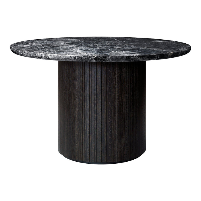 Round table with a sleek black marble top and a textured, dark wood ribbed base. Elegant and modern design.