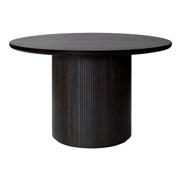 Round black dining table with a textured ribbed base, showcasing a modern, sleek design. Ideal for contemporary spaces.