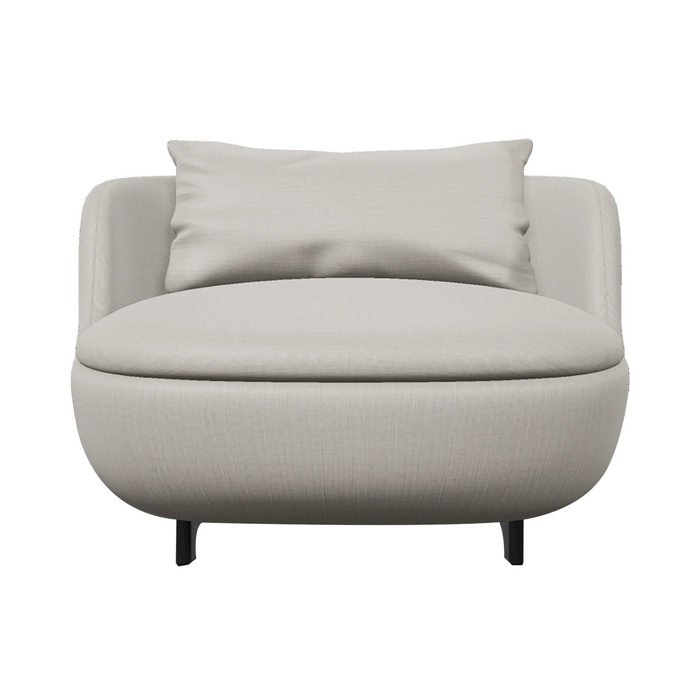 Beige round armchair with soft cushions, featuring a subtle textured pattern and sleek black legs.