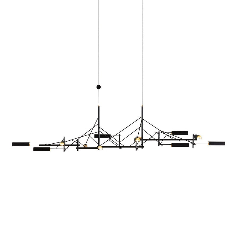 Sleek black and gold geometric chandelier with a modern industrial design. Perfect for contemporary interiors.