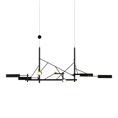 Modern black and gold geometric chandelier with sleek lines and minimalist design. Perfect for contemporary spaces.
