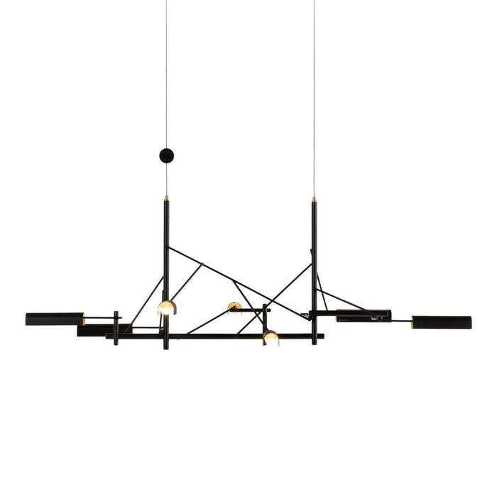 Modern black and gold geometric chandelier with sleek lines and minimalist design. Perfect for contemporary spaces.